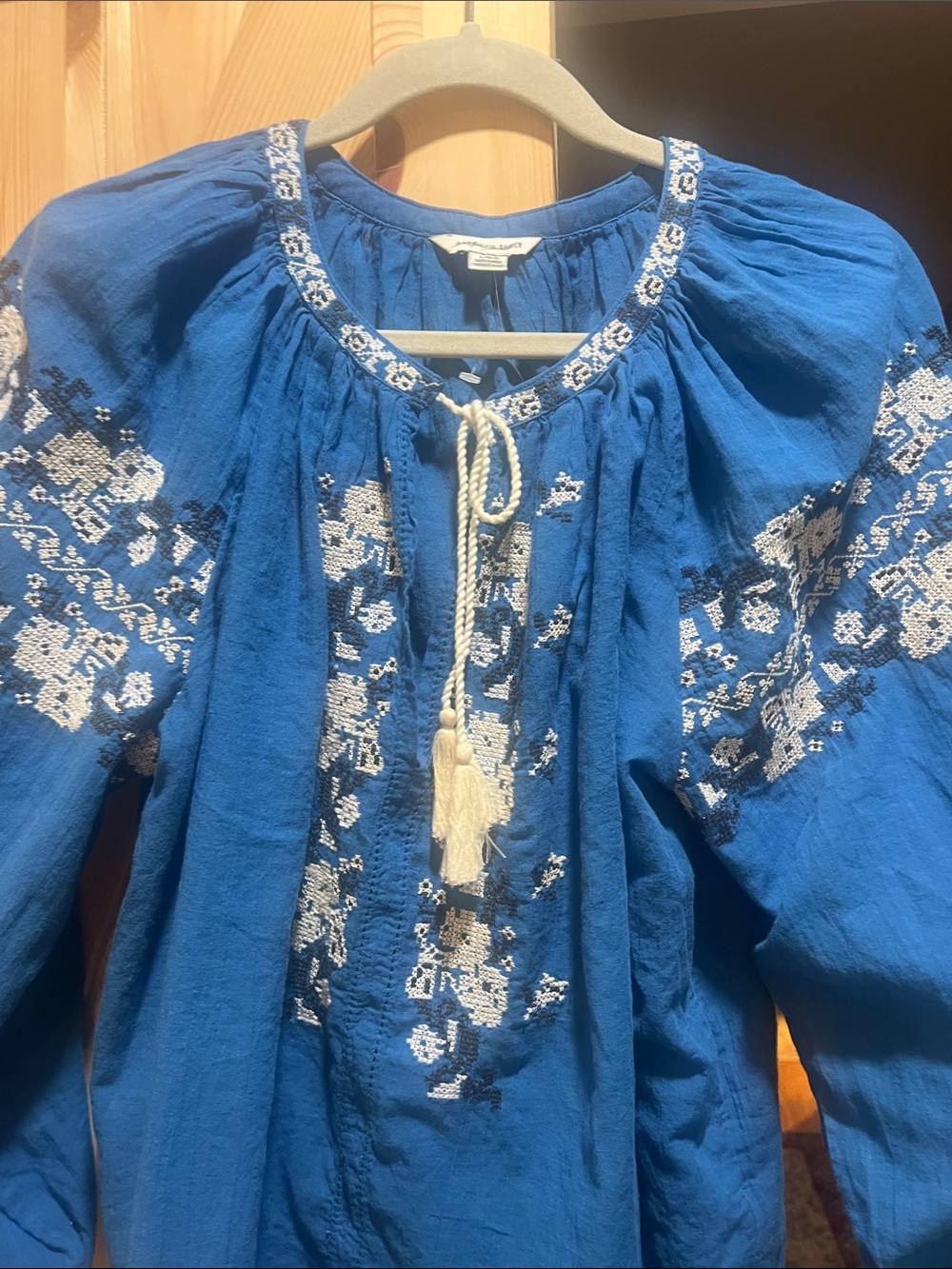 American eagle blue 
Embroidered Peasant Blouse with Tassel Tie size large